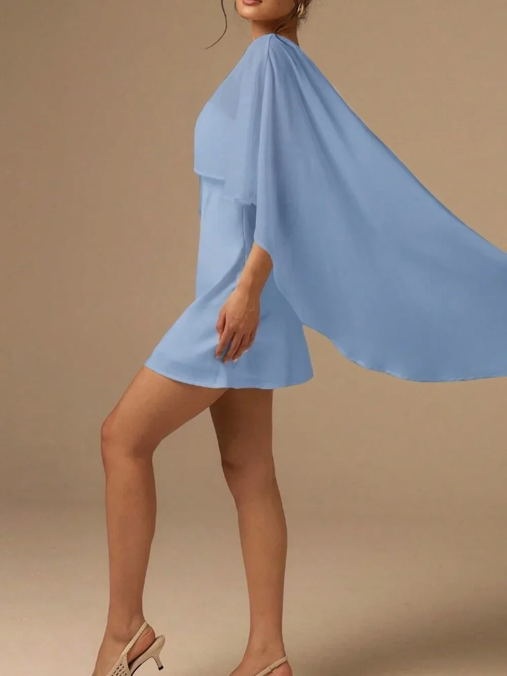 Baby Blue Satin Bias-Cut Women's Mini Dress with Cape Shawl - Picture 6 of 7